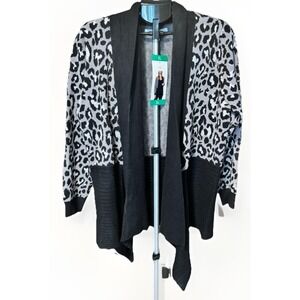NWT Womens XL Fever Heather Gray Leopard Print Waterfall Cardigan Asymmetrical